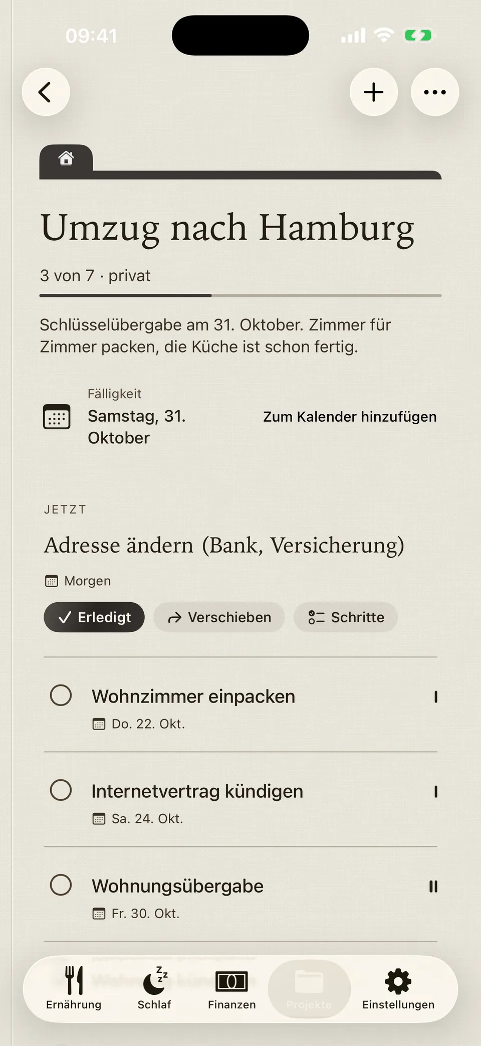 Der Ordner „Umzug nach Hamburg“ in Leum: 3 von 7 Aufgaben, der nächste Schritt und die Fälligkeit.