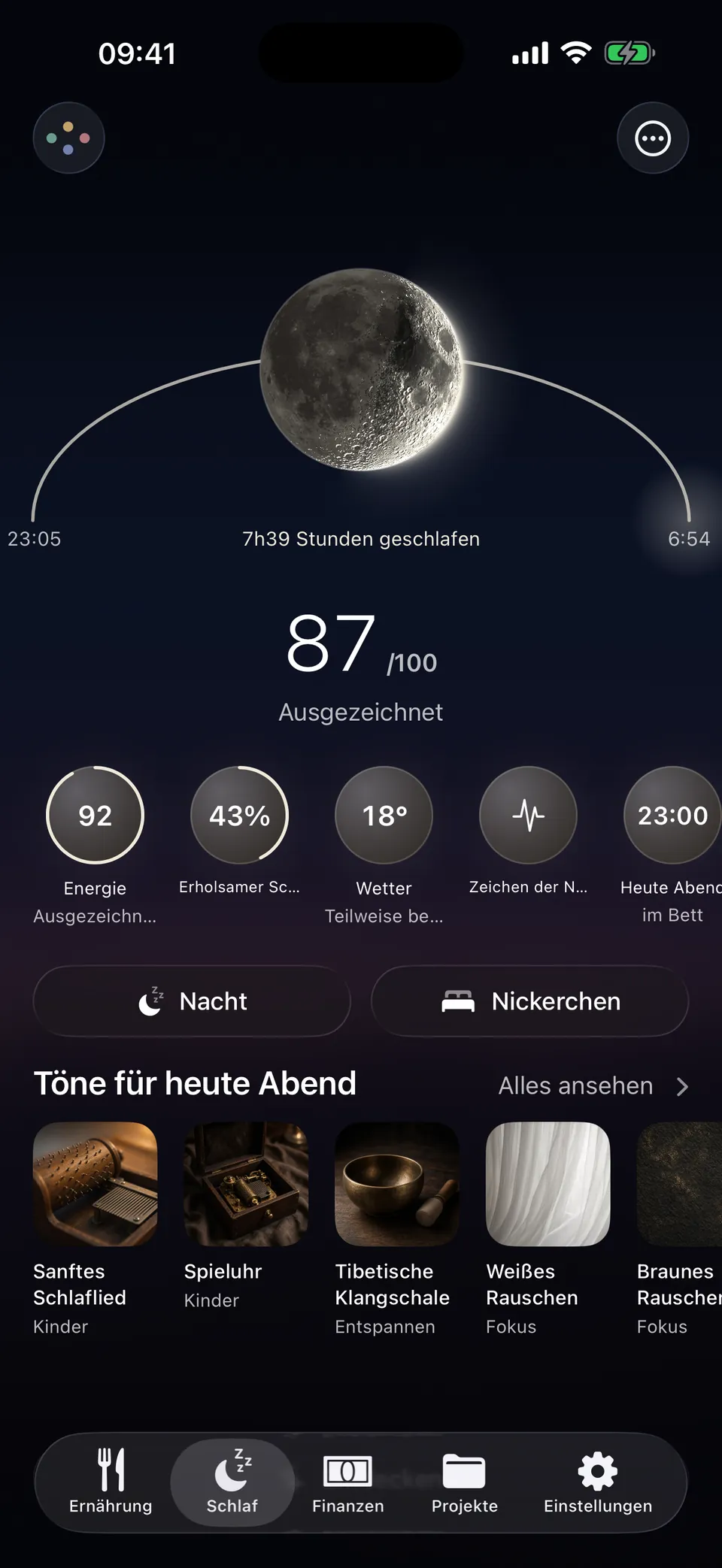 Die letzte Nacht in Leum: 7 Std. 39 Schlaf, ein Score von 87 von 100 und Klänge für heute Abend.