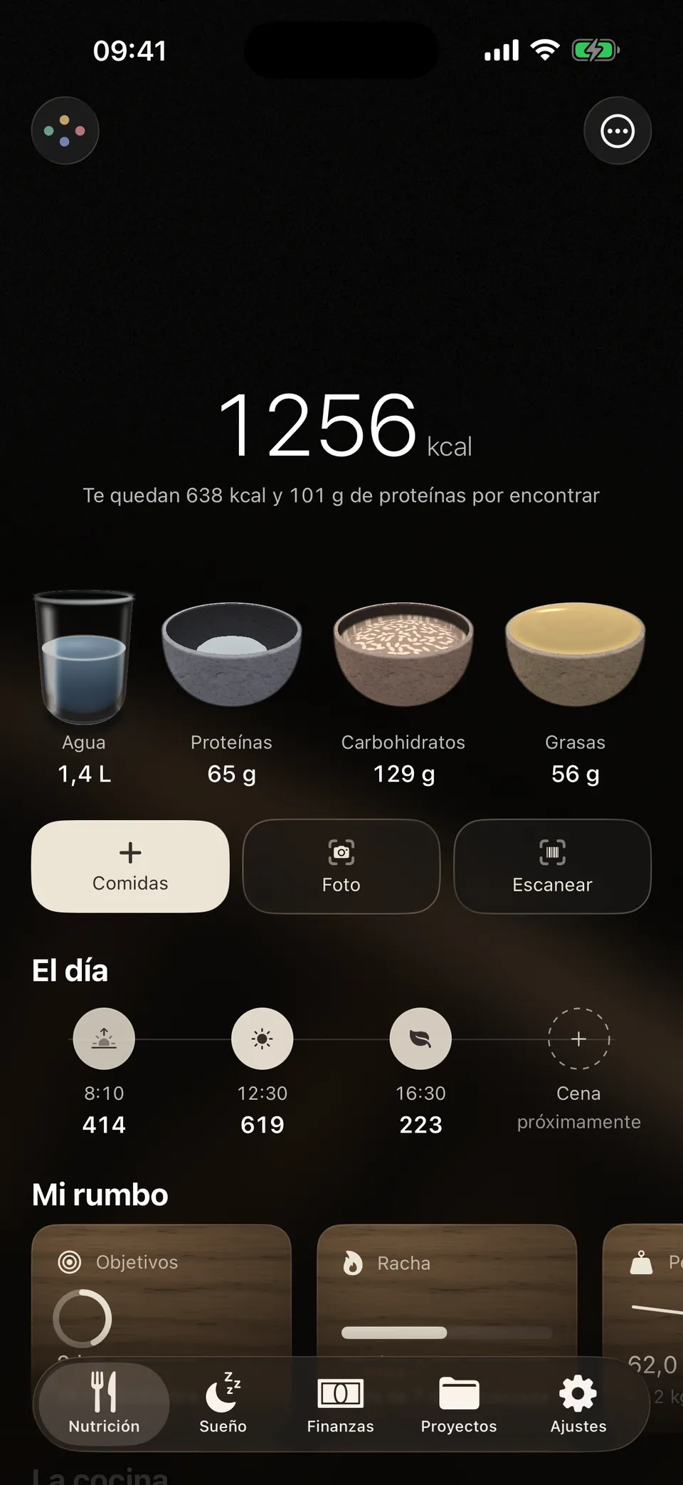 El día de Nutrición en Leum: calorías, agua y los cuencos de proteínas, carbohidratos y grasas.
