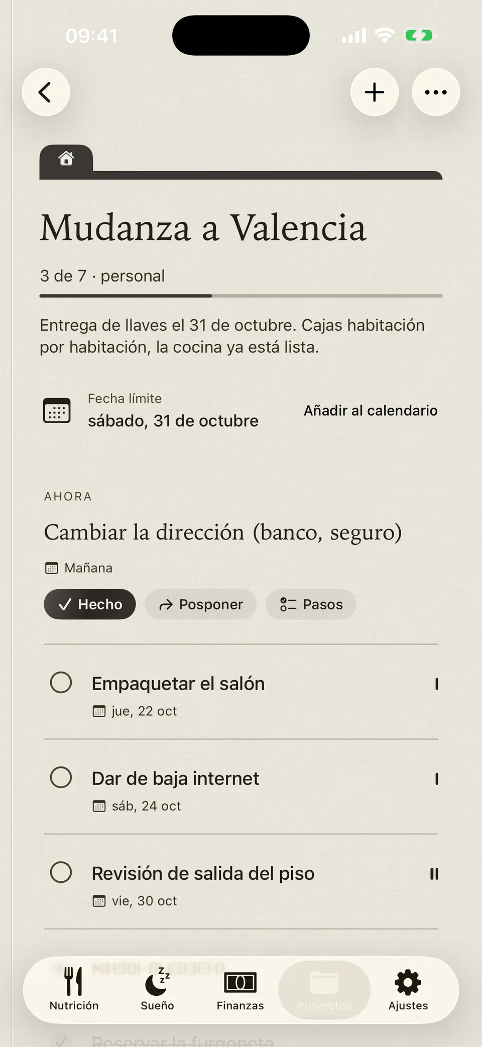 La carpeta «Mudanza a Valencia» en Leum: 3 de 7 tareas, el siguiente paso y la fecha límite.