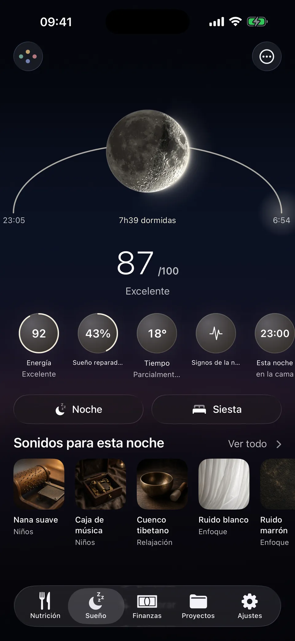 La noche en Leum: 7 h 39 de sueño, una puntuación de 87 sobre 100 y sonidos para esta noche.