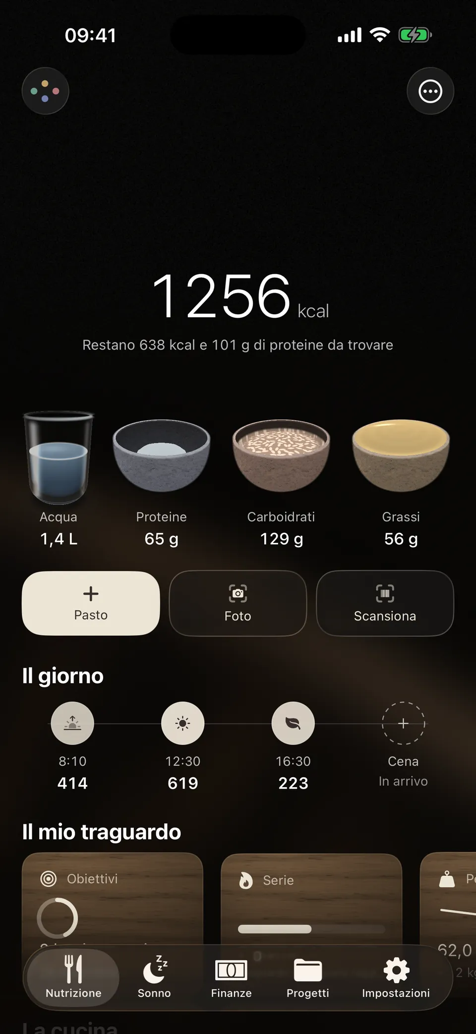 La giornata Nutrizione in Leum: calorie, acqua e le ciotole di proteine, carboidrati e grassi.