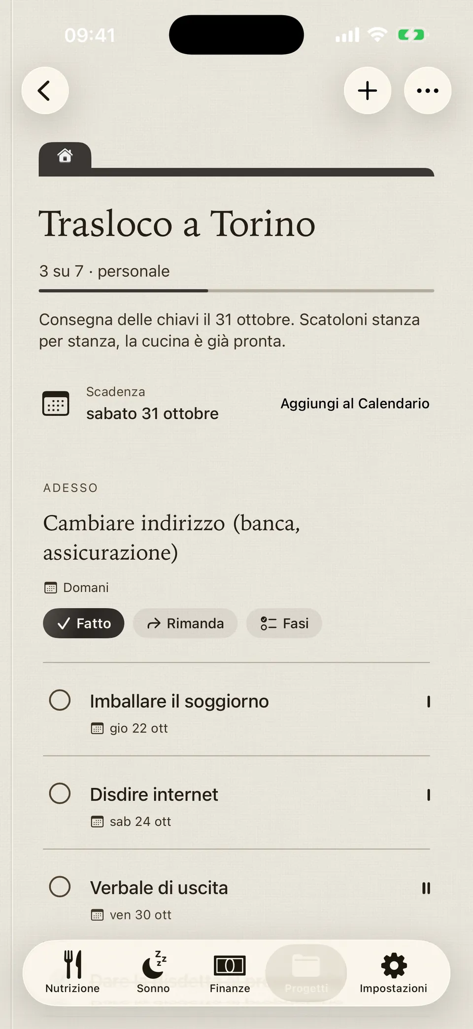 La cartella «Trasloco a Torino» in Leum: 3 attività su 7, il prossimo passo e la scadenza.
