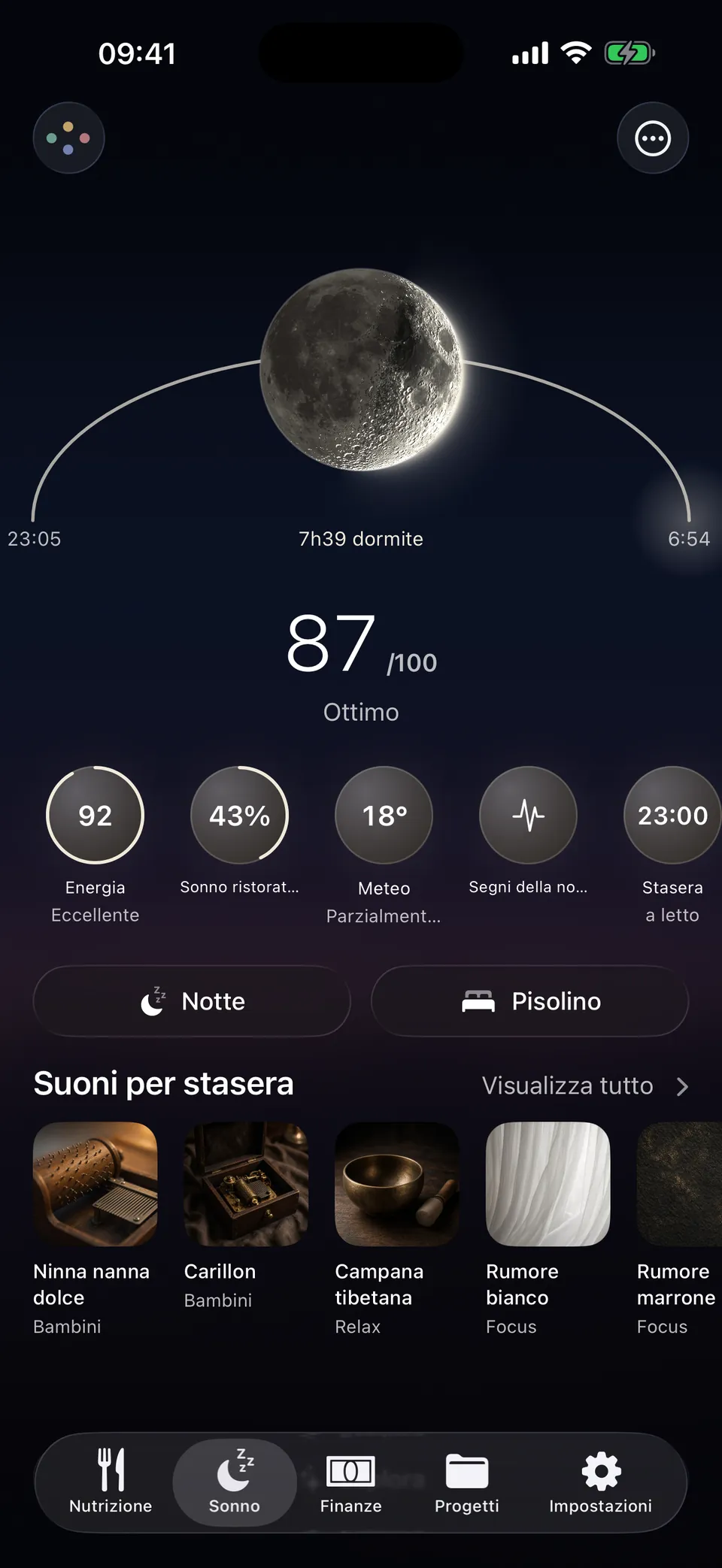 La notte in Leum: 7 h 39 di sonno, un punteggio di 87 su 100 e suoni per stasera.