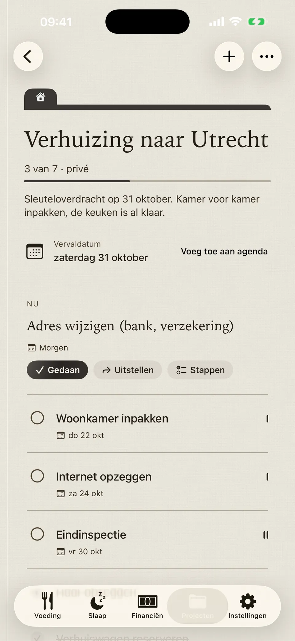 De map ‘Verhuizing naar Utrecht’ in Leum: 3 van 7 taken, de volgende stap en de deadline.