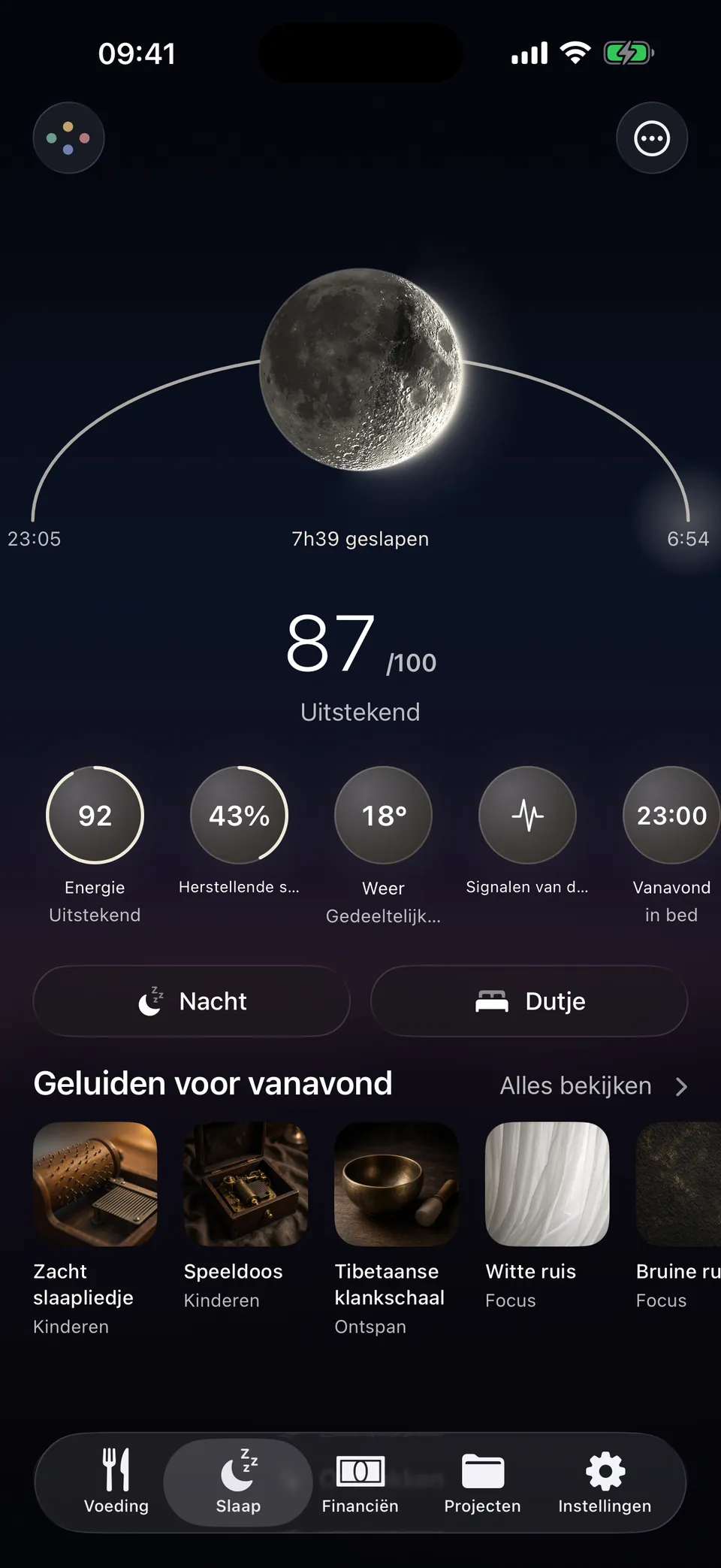 De nacht in Leum: 7 u 39 geslapen, een score van 87 op 100 en klanken voor vanavond.