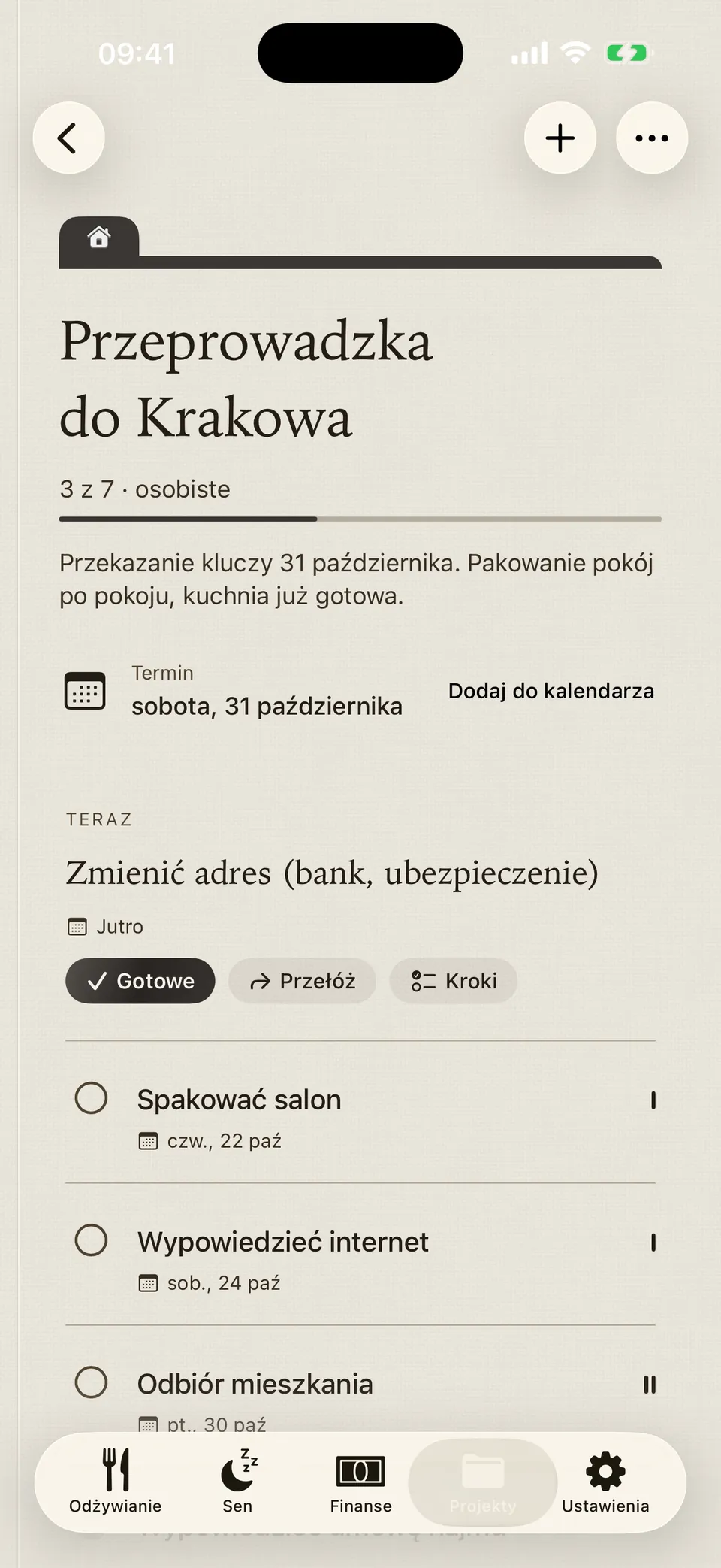 Folder „Przeprowadzka do Krakowa” w Leum: 3 z 7 zadań, następny krok i termin.
