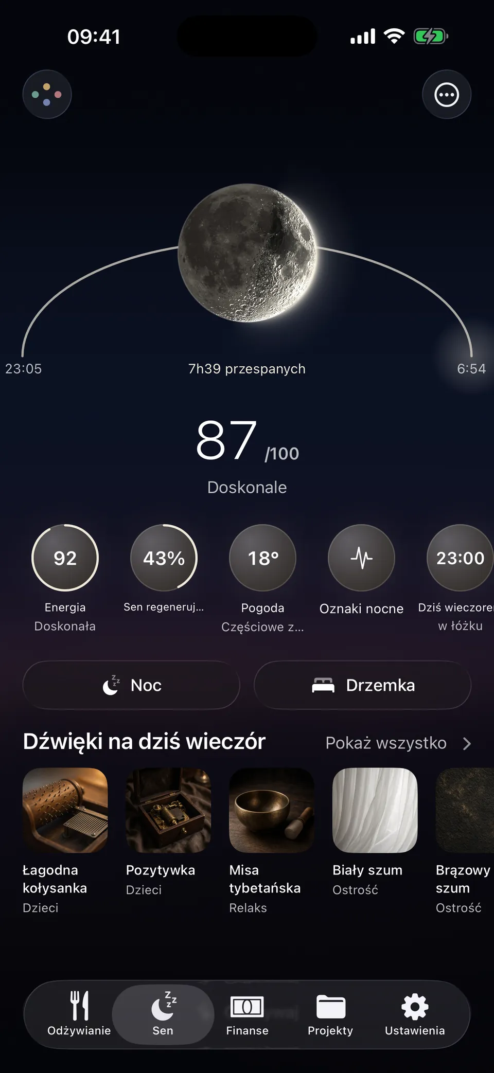 Noc w Leum: 7 h 39 snu, wynik 87 na 100 i dźwięki na dziś wieczór.