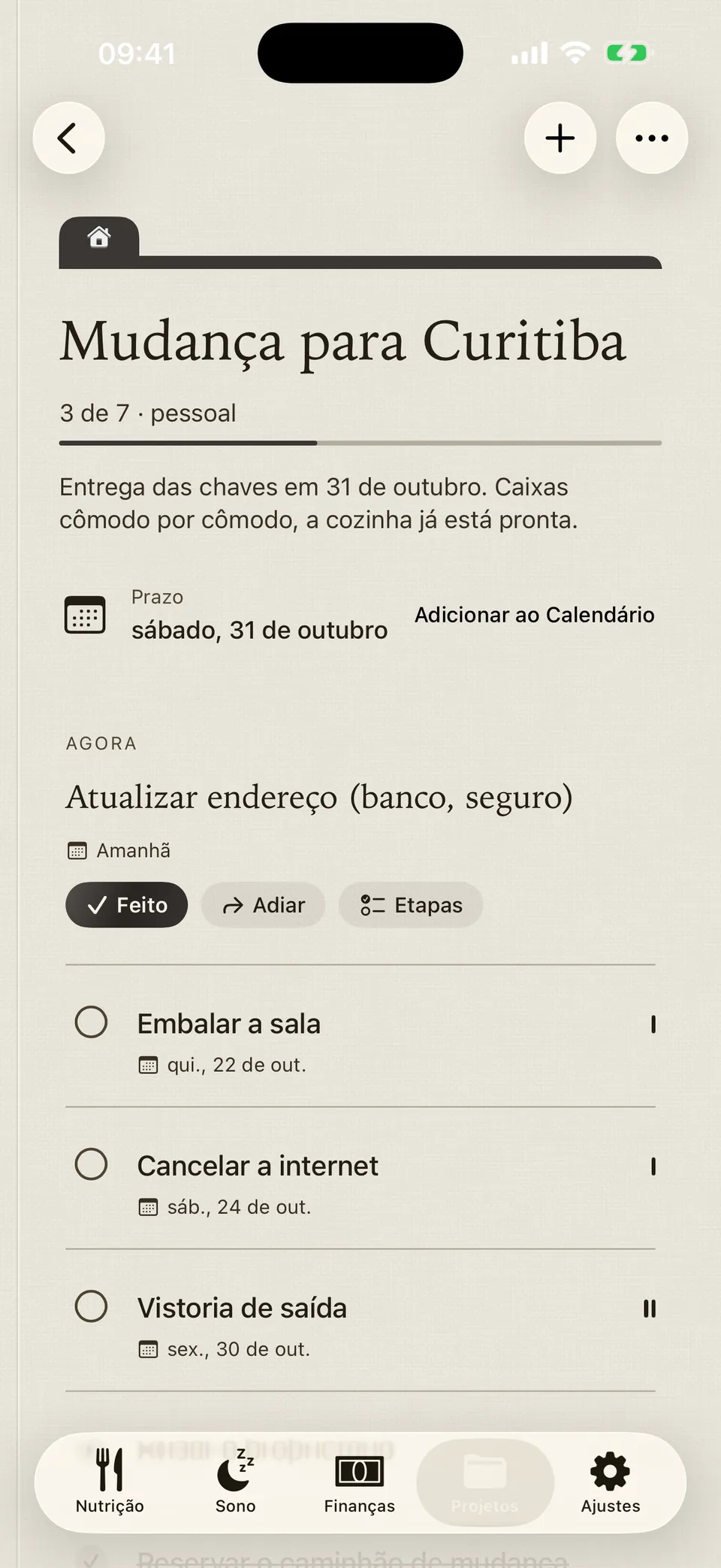 A pasta “Mudança para Curitiba” no Leum: 3 de 7 tarefas, o próximo passo e o prazo.