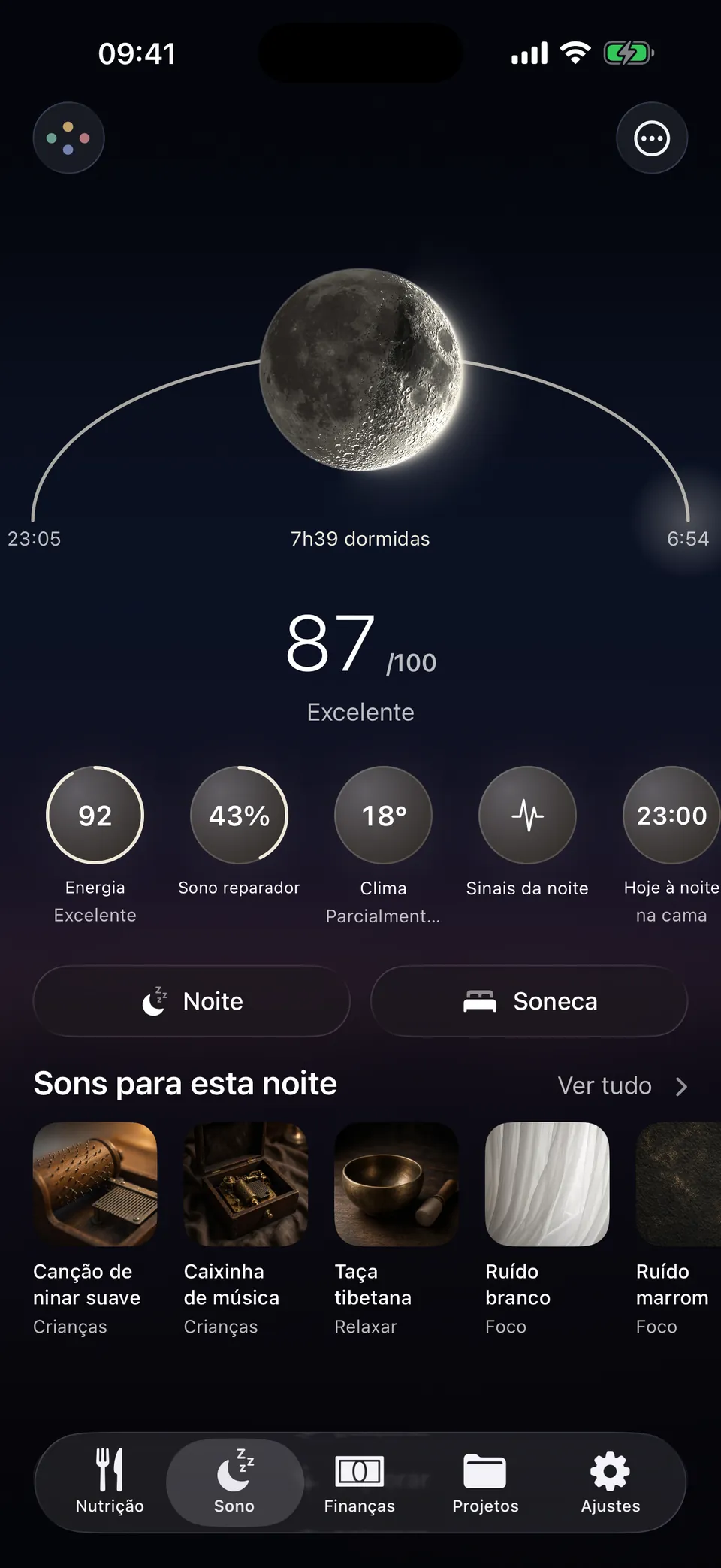 A noite no Leum: 7 h 39 de sono, uma pontuação de 87 de 100 e sons para esta noite.